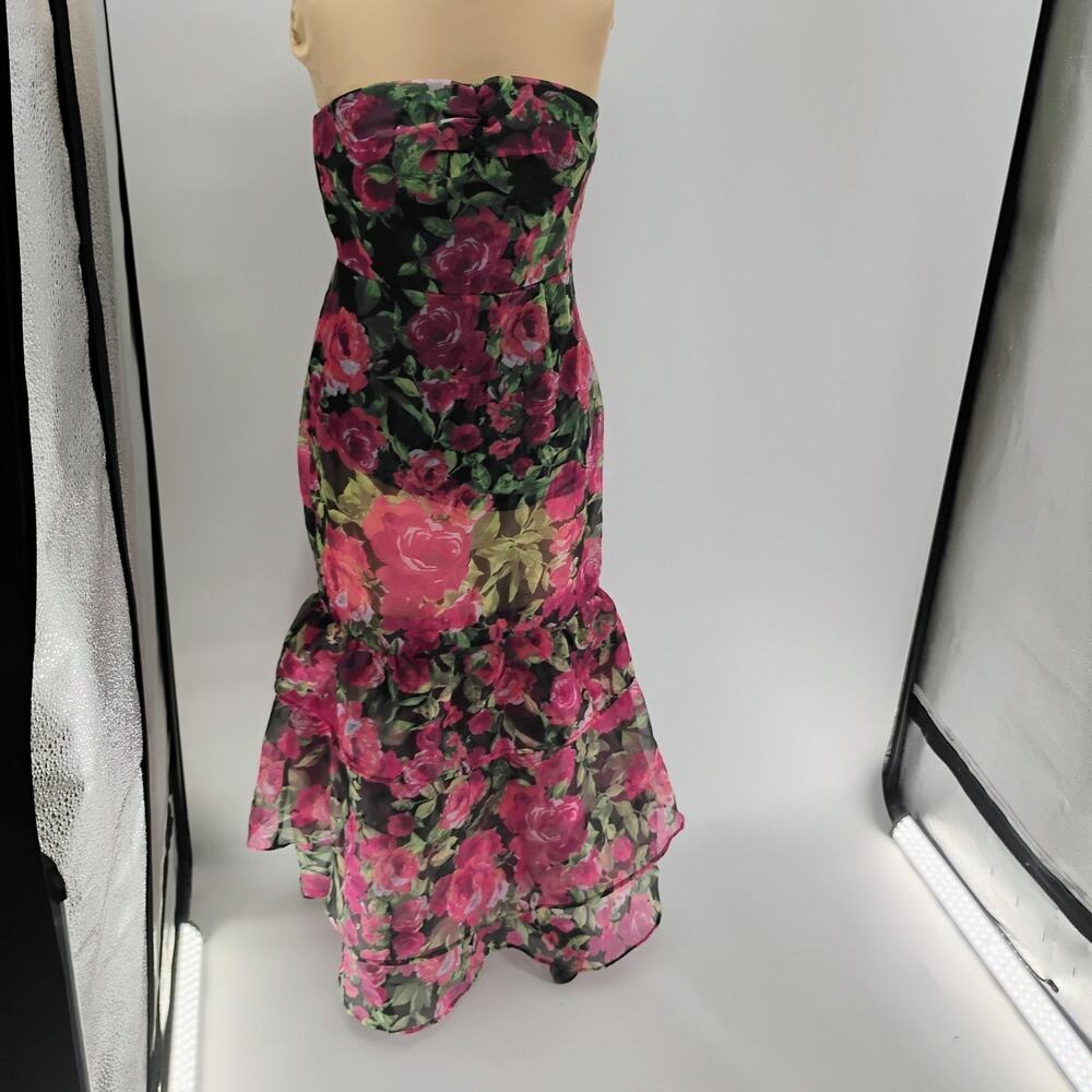 LULUS Truly Extraordinary Black Floral Organza Strapless Tiered Maxi Dress-Sz M - Picture 8 of 15